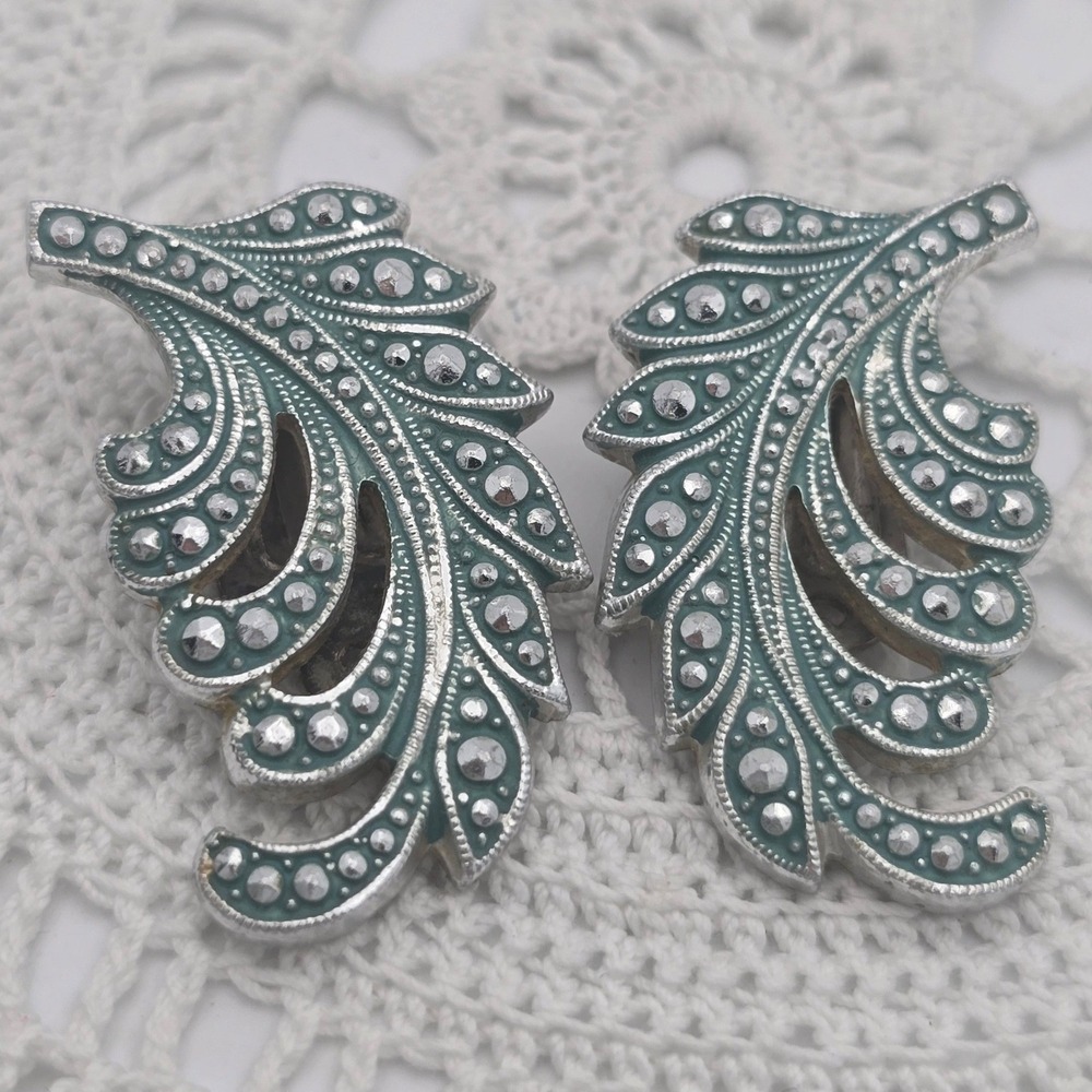Vintage West Germany Blue Enamel Leaf Clip On Earrings Silver Tone Climber